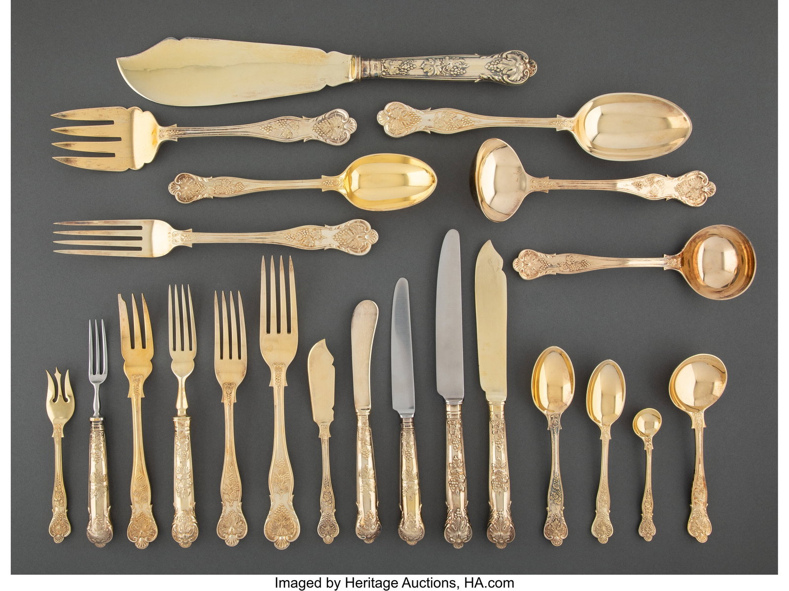 A 160-Piece Garrard & Co Ltd Partial Gilt Silver: A 160-Piece Garrard & Co Ltd Partial Gilt Silver Flatware Service For Twelve with Accompanying Canteen, London, 1984 Marks to all: (lion passant), (leopard's