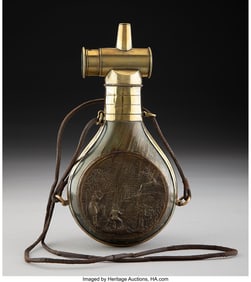 61230: A Continental Brass and Powder Horn Flask, 19th