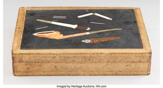 61238: An Italian Carved Wood and Leather Cigar Box wit