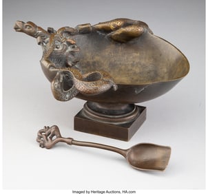 61032: An Italian Bronze Figural Tazza with Scoop After