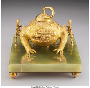 61131: A Spanish Gilt Bronze and Green Onyx Inkwell, ci