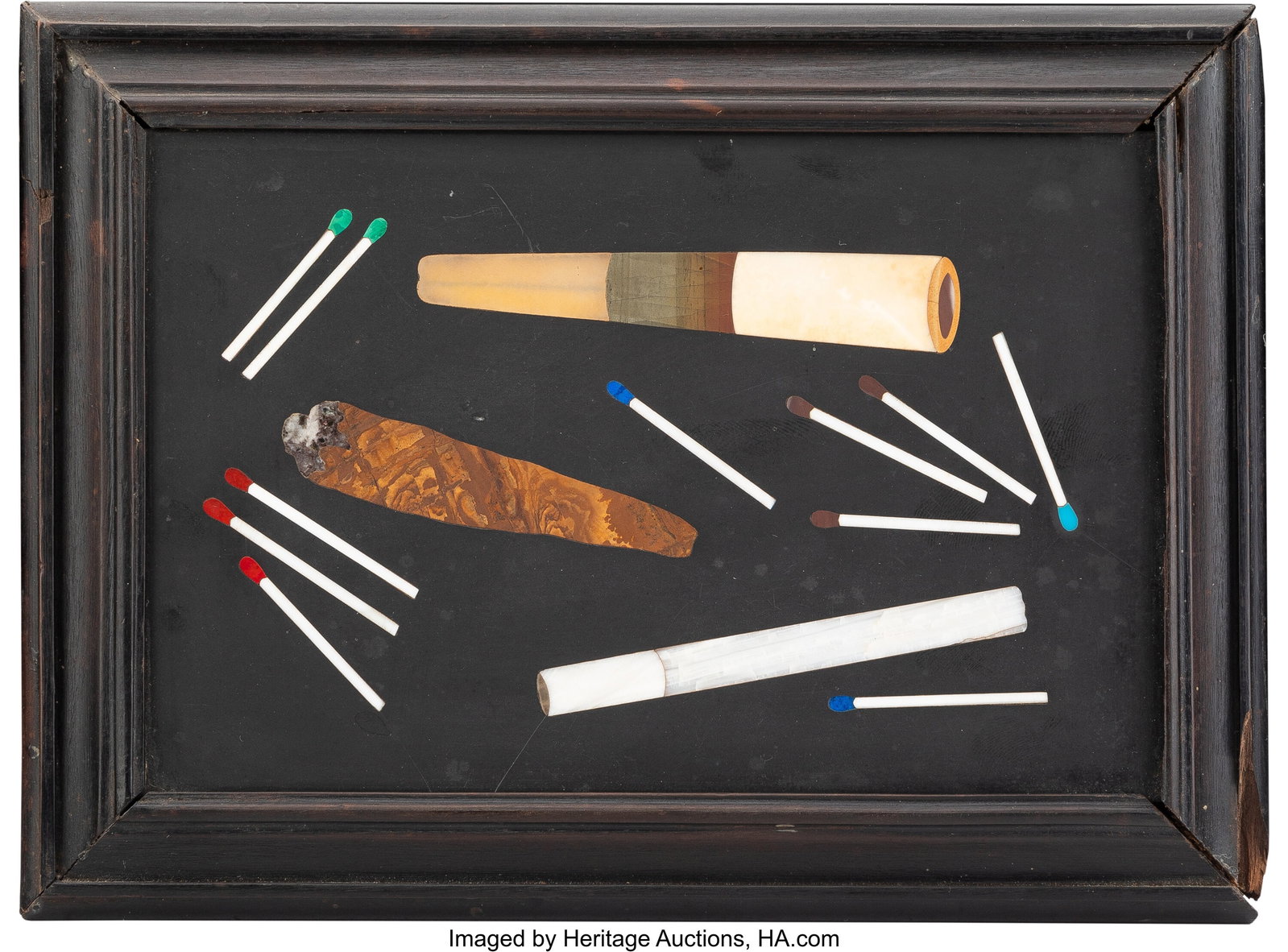 A Framed Pietra Dura Plaque: Tobacco Implements,: A Framed Pietra Dura Plaque: Tobacco Implements, late 19th/early 20th century 5-3/4 x 7-7/8 x 0-5/8 inches (14.6 x 20.0 x 1.6 cm) PROVENANCE&