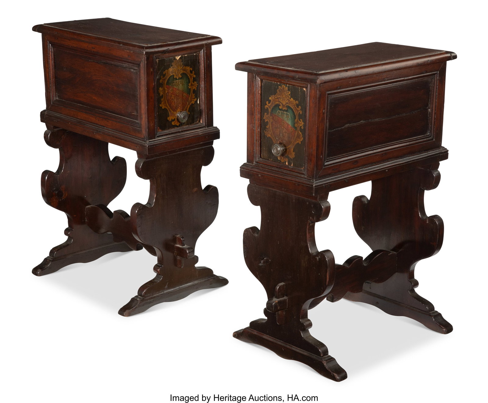 A Pair of Italian Walnut Painted Side Tables, 19: A Pair of Italian Walnut Painted Side Tables, 19th century 23-1/2 x 12 x 15-3/4 inches (59.7 x 30.5 x 40.0 cm) PROVENANCE: Myers Antiques, 2013