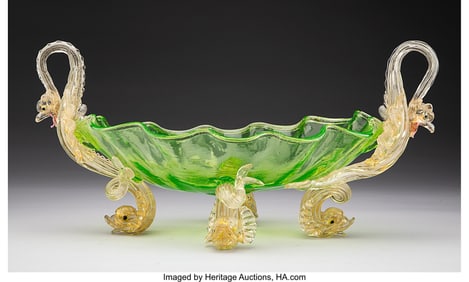 61135: A Salviati Blown Glass Two-Handled Center Bowl w