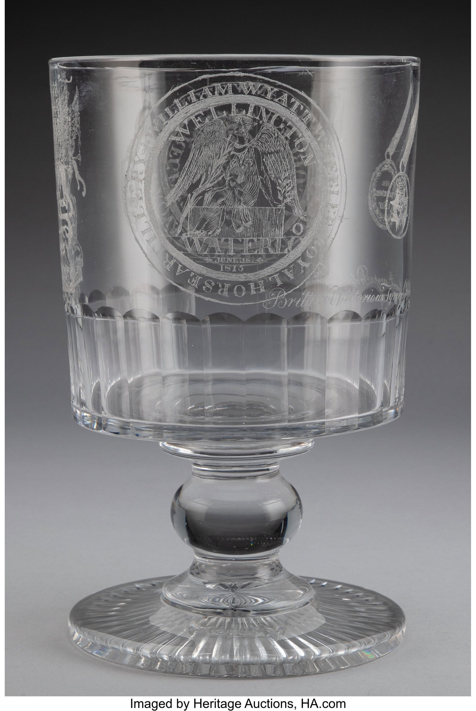 A Monumental British Engraved Glass Waterloo Rum: A Monumental British Engraved Glass Waterloo Rummer, early 19th century 11 x 6-3/4 x 6-3/4 inches (27.9 x 17.1 x 17.1 cm) The monumental rummer is engraved
