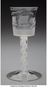 61164: An English Engraved Free-Blown Glass Wine Goblet