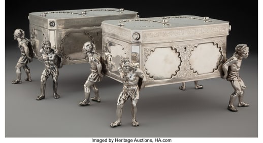 61063: A Near Pair of Silver Jewelry Caskets, 20th cent