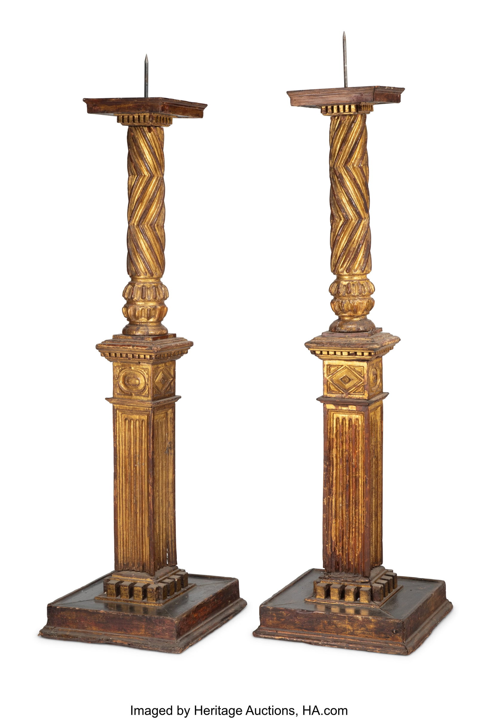 A Pair of Assembled Italian Column Fragment Pric: A Pair of Assembled Italian Column Fragment Prickets 51-1/2 x 15-1/2 x 15-1/2 inches (130.8 x 39.4 x 39.4 cm) (each) PROVENANCE: The estate o