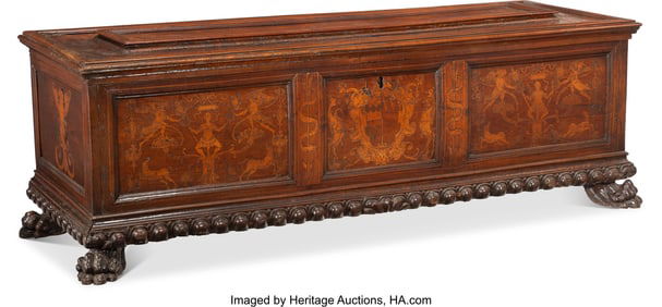 61079: A Large Carved and Inlaid Wood Cassone 23-1/2 x