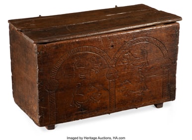61094: A Spanish Colonial Carved Wood Chest with Lion M
