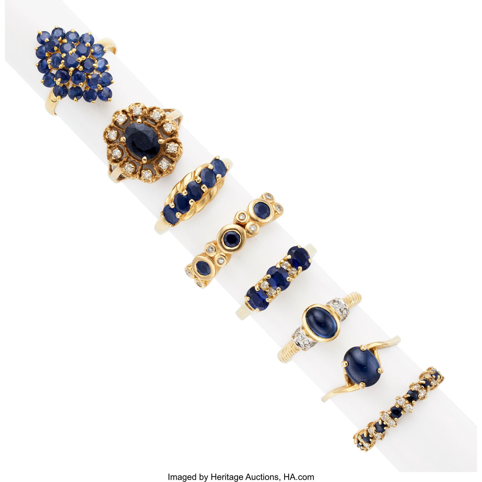 Multi-Stone, Gold Rings Stones: Full-cut diamon: Multi-Stone, Gold Rings Stones: Full-cut diamonds weighing a total of approximately 0.70 carat; round shaped sapphires weighing a total of approximately 4.25 carats&semi