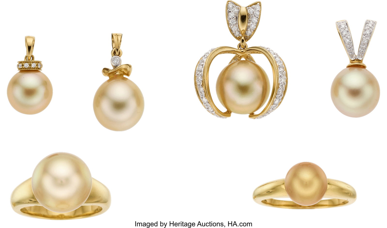 Golden South Sea Cultured Pearl, Diamond, Gold J: Golden South Sea Cultured Pearl, Diamond, Gold Jewelry Stones: Full-cut diamonds weighing a total of approximately 0.40 carat Pearls: South Sea cultured pearls measuring
