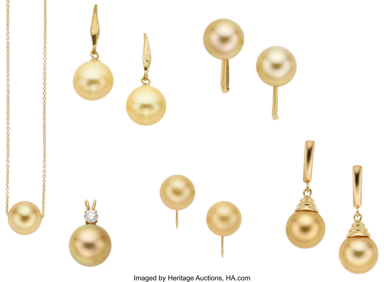 Golden South Sea Cultured Pearl, Gold Jewelry S: Golden South Sea Cultured Pearl, Gold Jewelry Stones: Full-cut diamond weighing approximately 0.25 carat Pearls: South Sea cultured pearls measuring 9.80 mm to 12&perio
