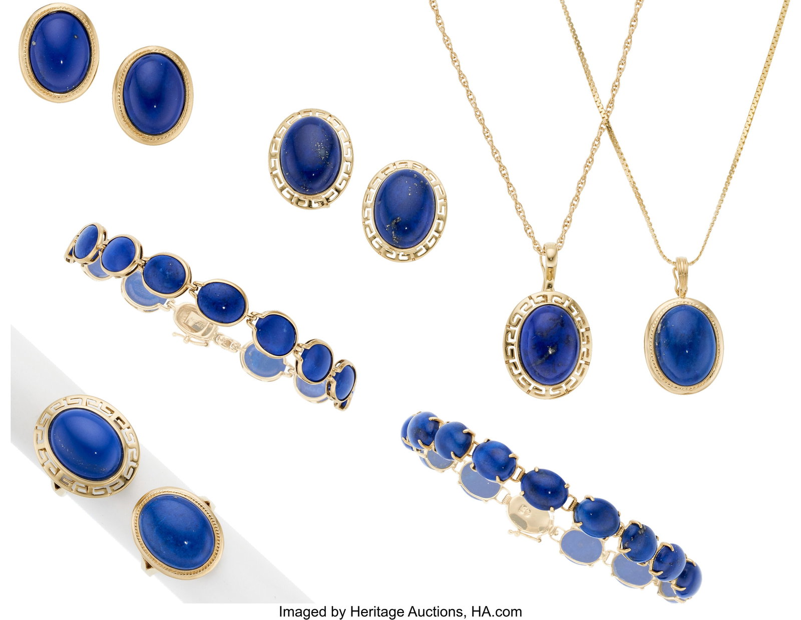 Lapis Lazuli, Gold Jewelry Stones: Oval lapis l: Lapis Lazuli, Gold Jewelry Stones: Oval lapis lazuli cabochons Metal: 14k gold Gros Weight: 60.00 grams Bracelet Dimensions: 7 inches x 5/16 inch, 7-1&so