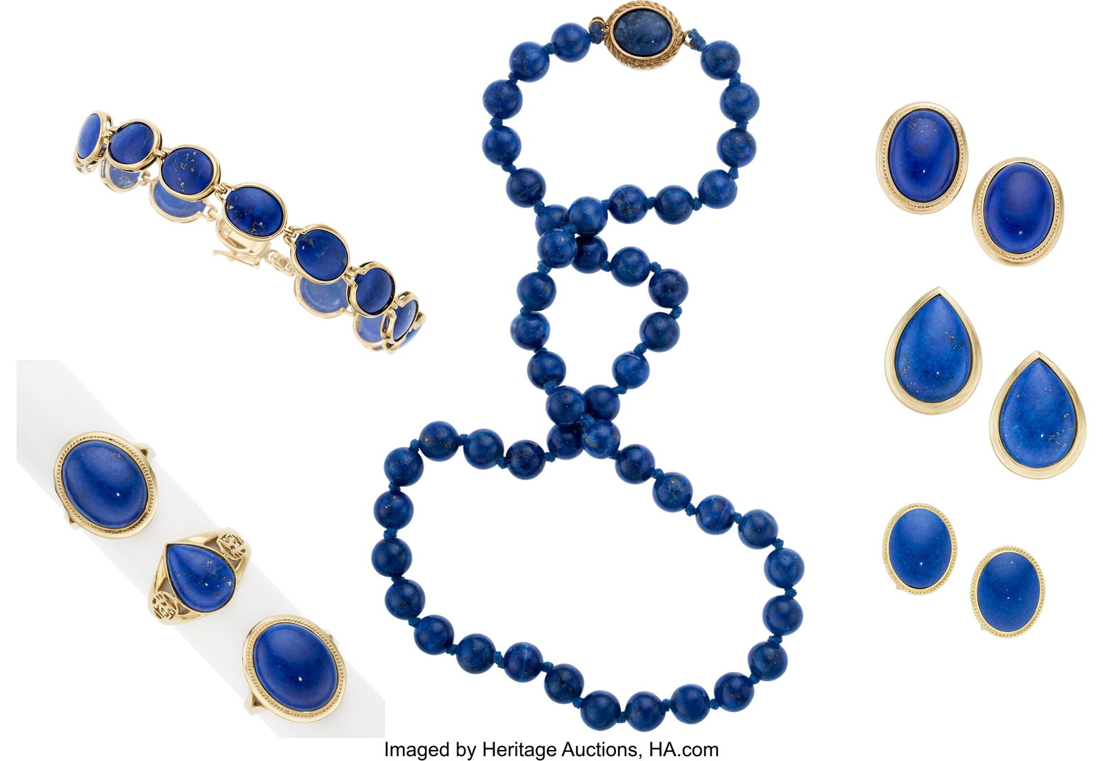 Lapis Lazuli, Gold, Metal Jewelry Stones: Lapis: Lapis Lazuli, Gold, Metal Jewelry Stones: Lapis lazuli cabochons and beads Metal: 14k gold, metal Gross Weight: 70.20 grams Necklace Dimensions:16-1&so