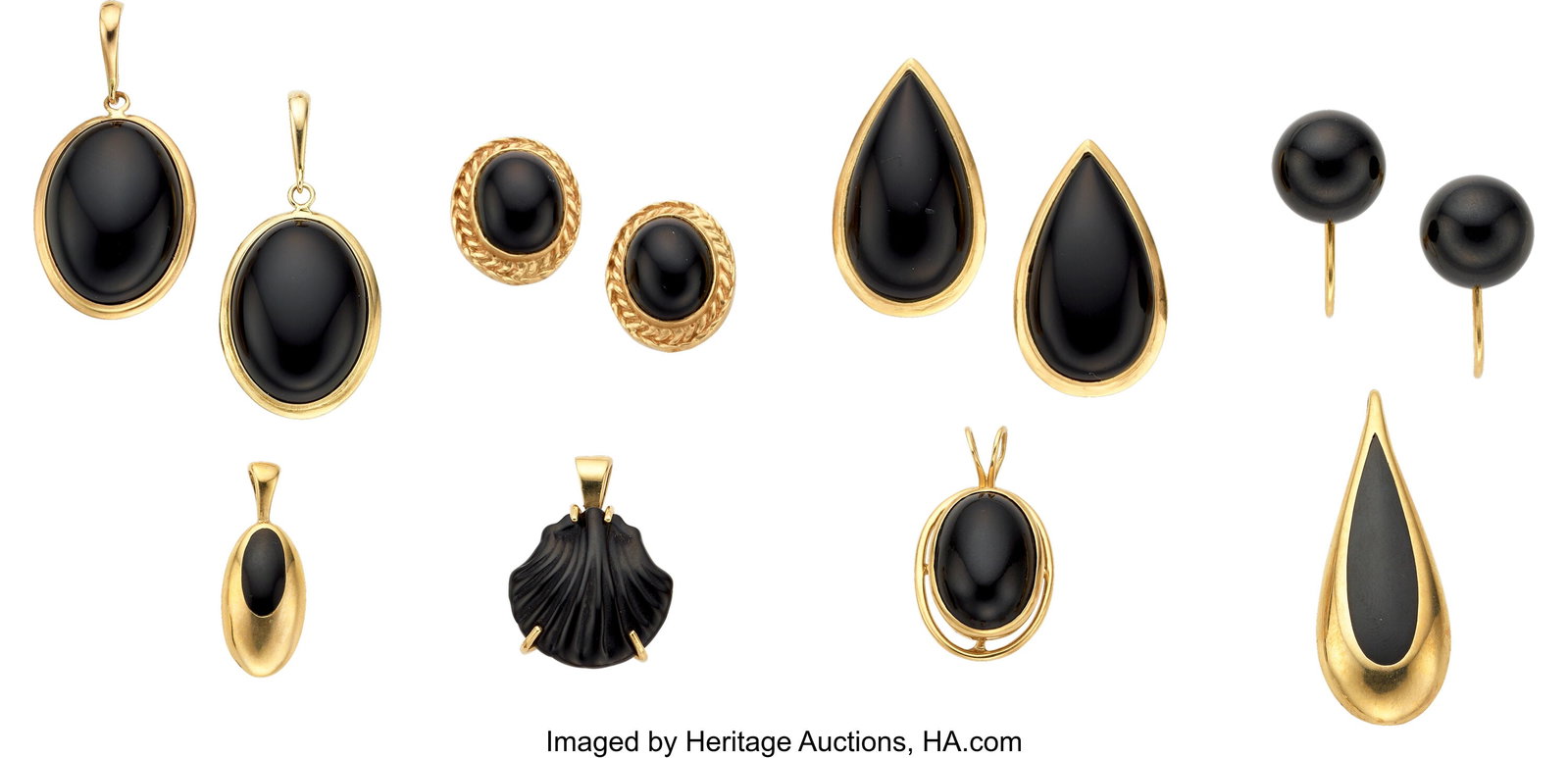 Black Onyx, Gold Jewelry Stones: Black onyx sph: Black Onyx, Gold Jewelry Stones: Black onyx spheres, cabochons and tablets; carved black onyx Metal: 14k gold Gross Weight: 30.86 grams Earring Dimensions&col