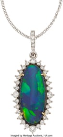 55246: Black Opal, Diamond, White Gold Pendant-Necklace
