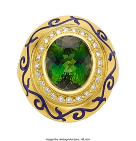 55007: Sarosi Tourmaline, Diamond, Enamel, Gold Ring  S