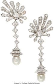 55337: Natural Pearl, Diamond, Platinum,  White Gold Ea