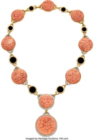 55092: David Webb Coral, Diamond, Black Onyx,  Platinum