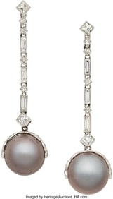 55341: Art Deco Natural Pearl, Diamond, Platinum Earrin