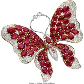 55257: Burma Ruby, Diamond, Pink Sapphire, Gold Brooch