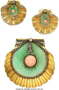 Eugène Feuillâtre Jadeite Jade, Coral, Diamon: Eugène Feuillâtre Jadeite Jade, Coral, Diamond, Gold Jewelry Suite, French Stones: Carved jadeite jade; coral cabochons; mine and single-cut diamonds weighing a total of approximately 0.50 carat; ro