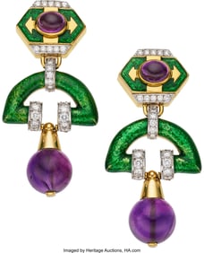 55026: David Webb Amethyst, Diamond, Enamel,  Gold Earr