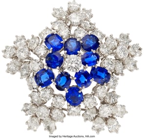 55262: Jacques Timey Sapphire, Diamond, Platinum Brooch