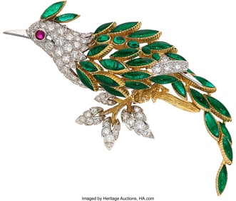 55027: Retzignac Gripoix, Diamond, Ruby, Gold Brooch  S