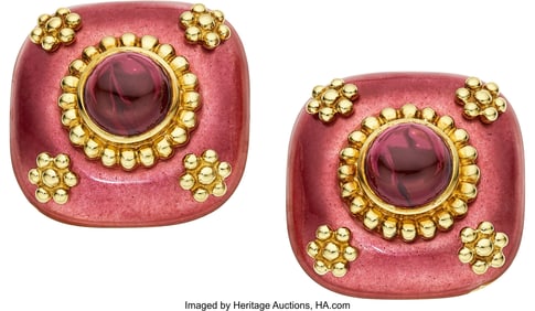 55031: Garnet, Enamel, Gold Earrings  Stones: Garnet ca