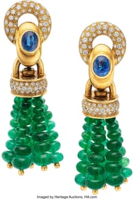 55032: Sapphire, Diamond, Emerald, Gold Earrings  Stone