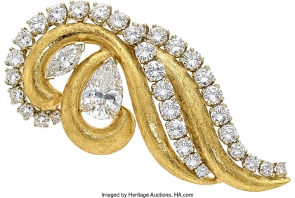 55105: Diamond, Platinum, Gold Brooch   Stones: Pear-sh
