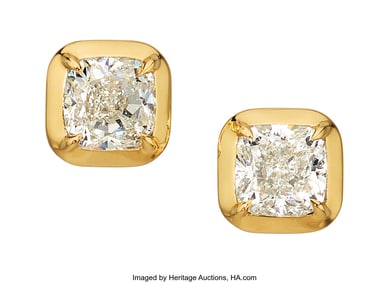 55360: Diamond, Gold Earrings  Stones: Cushion-shaped d