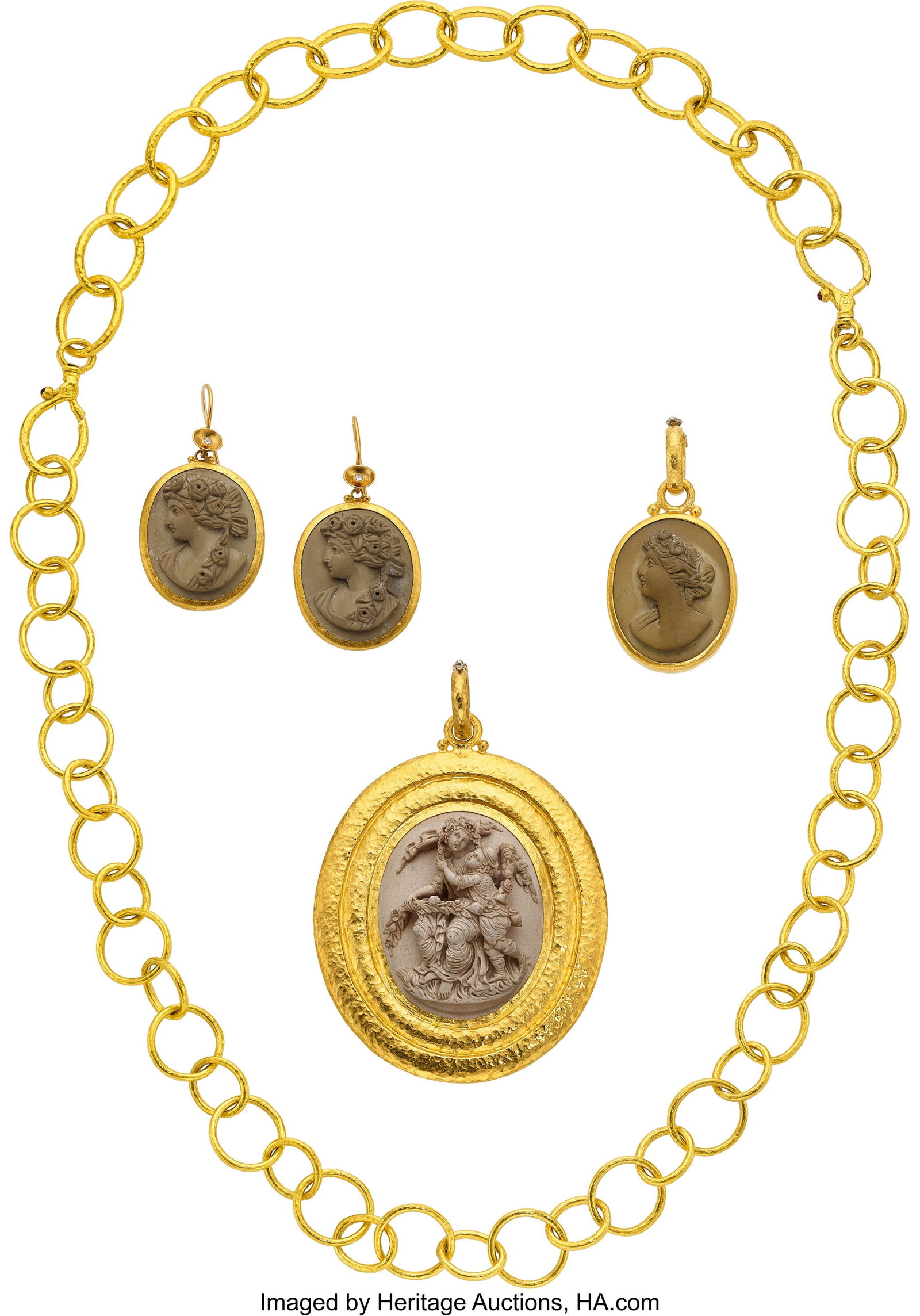Gurhan Lava Cameo, Diamond, Gold Jewelry Suite: Gurhan Lava Cameo, Diamond, Gold Jewelry Suite Stones: Lava cameos; full-cut diamonds Metal: High karat gold Marked: Gurhan Gross Weight: 144.70 grams N