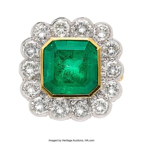 55363: Colombian Emerald, Diamond,  Gold Ring, English,