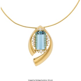 55043: Aquamarine, Diamond, Gold Pendant-Necklace  Ston