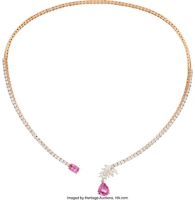 55113: Pink Sapphire, Diamond, Rose Gold Necklace  Ston
