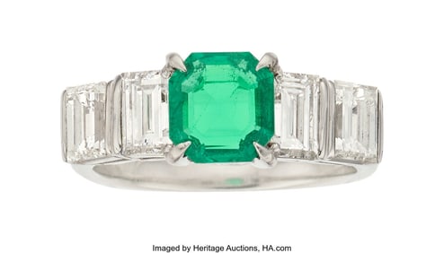 55371: Colombian Emerald, Diamond, Platinum Ring  Stone