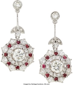 55373: Diamond, Ruby, White Gold Earrings  Stones: Roun