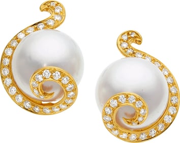 55376: South Sea Cultured Pearl, Diamond, Gold Earrings