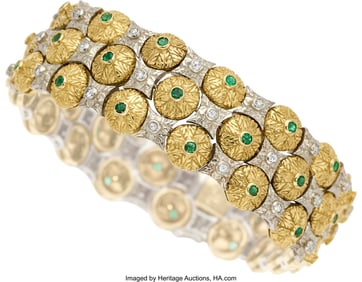 55118: Emerald, Diamond, Gold Bracelet  Stones: Full an