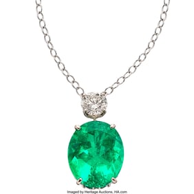 55200: Colombian Emerald, Diamond,  White Gold Pendant-
