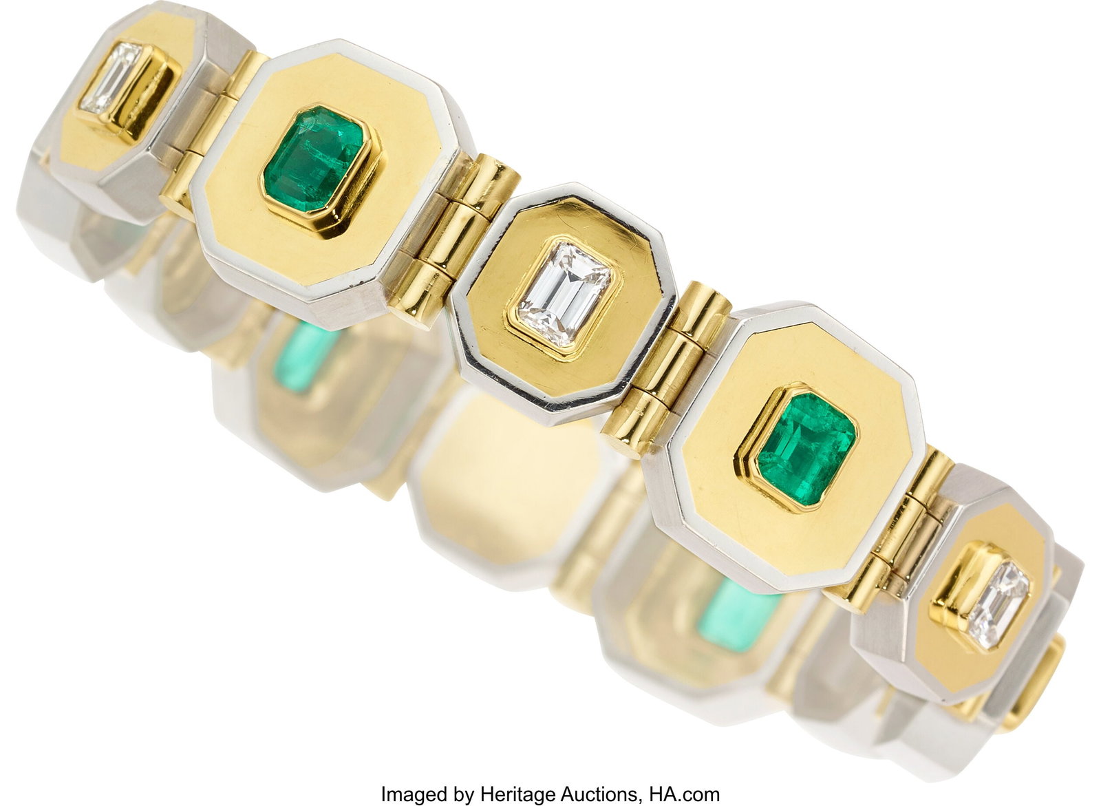 Emerald, Diamond, Platinum, Gold Bracelet Stone: Emerald, Diamond, Platinum, Gold Bracelet Stones: Emerald-cut diamonds weighing a total of approximately 3.35 carats; emerald-cut emeralds weighing a total of appro