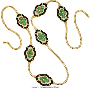 55059: Jadeite Jade, Black Onyx, Diamond,  Gold Necklac