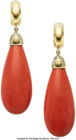 55284: Coral, Diamond, Gold Earrings  Stones: Coral tea