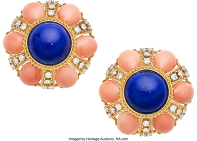 55390: Lapis Lazuli, Coral, Diamond, Gold Earrings  Sto