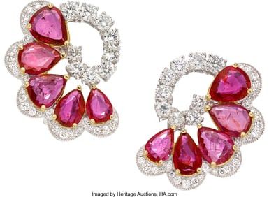 55289: Ruby, Diamond, Gold Earrings  Stones: Pear-shape