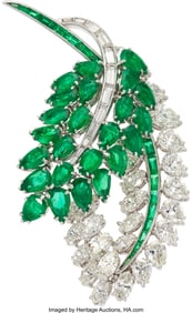 55128: Emerald, Diamond, Platinum, White Gold Brooch
