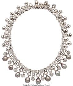 55292: Cultured Pearl, Diamond, White Gold Necklace  St